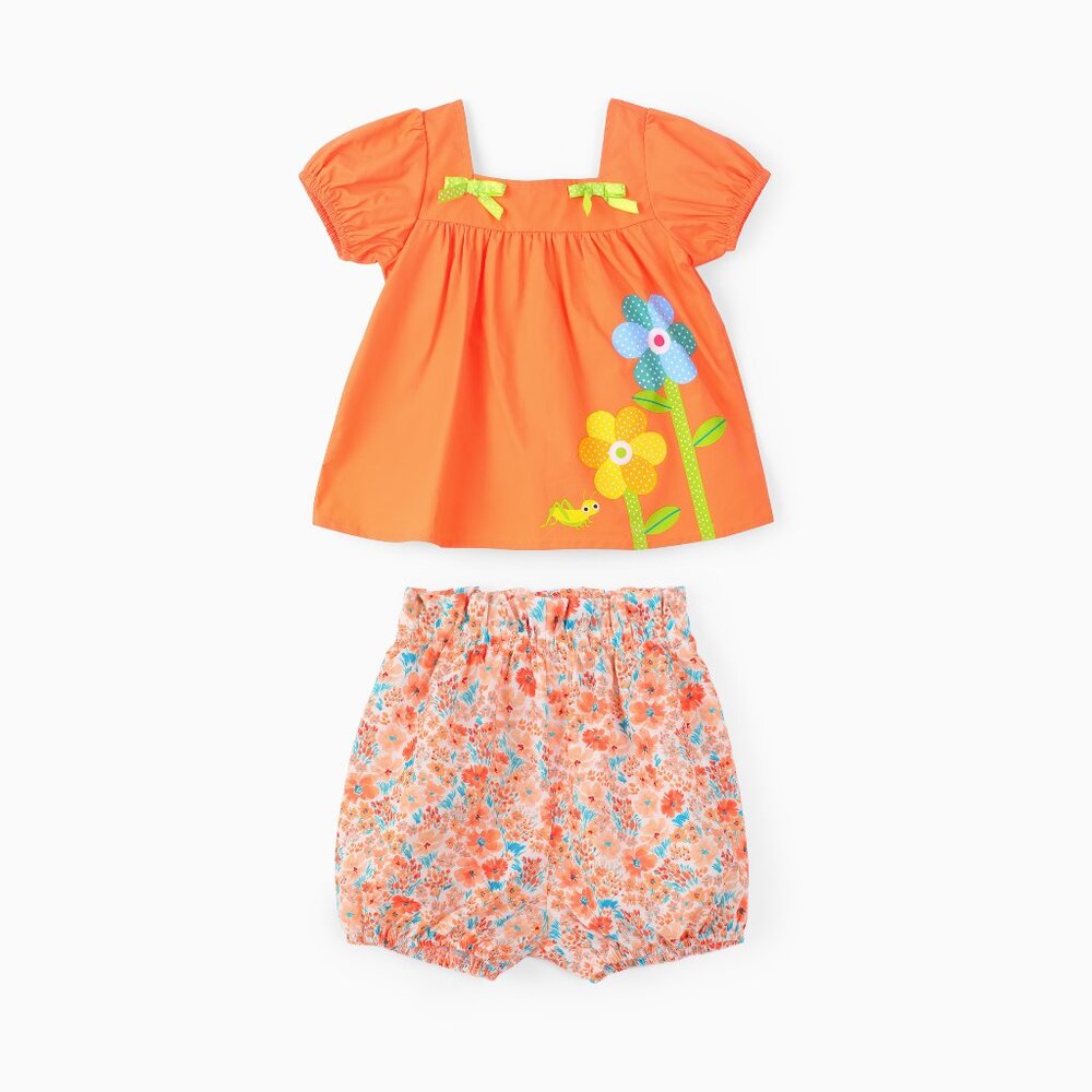 NWT Baby Girl 2pcs Sweet Big Flower Pattern Square Neckline Top and Shorts Set